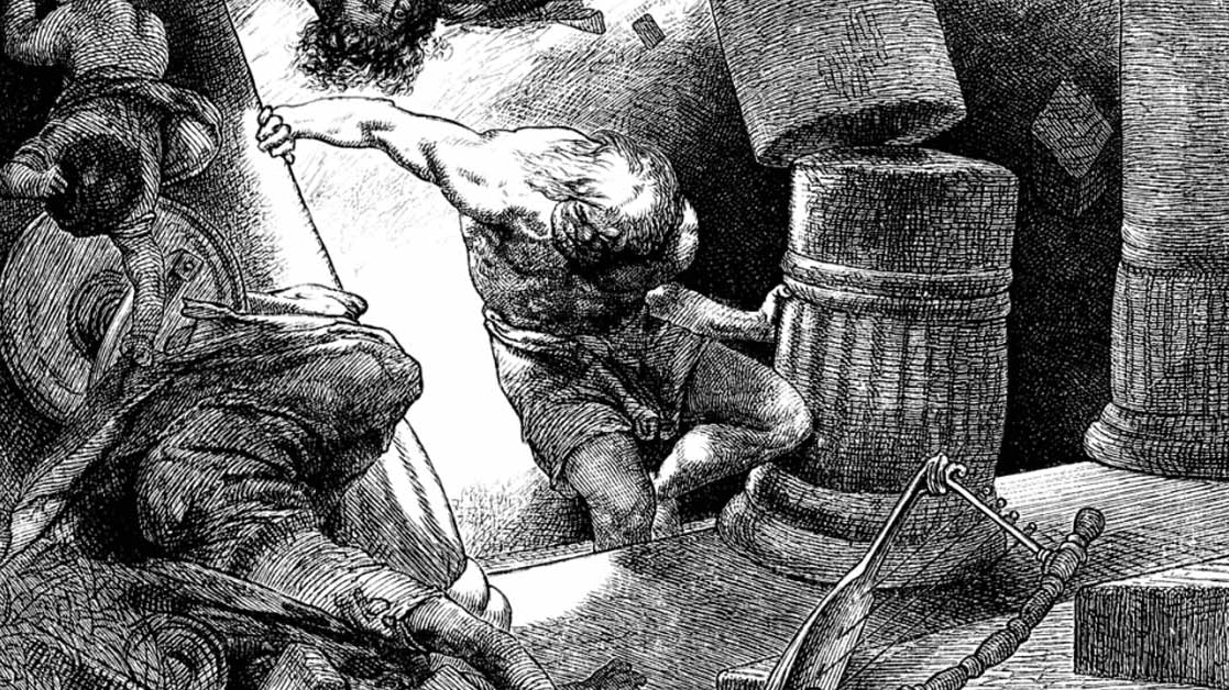 Samson, Long Hair, Power & Strength showing it by tearing down the entire structure with ease.