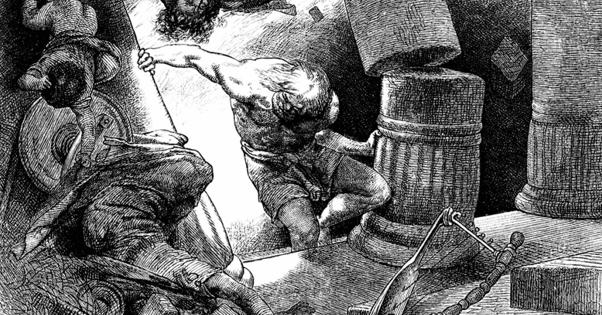 Samson, Long Hair, Power & Strength showing it by tearing down the entire structure with ease.