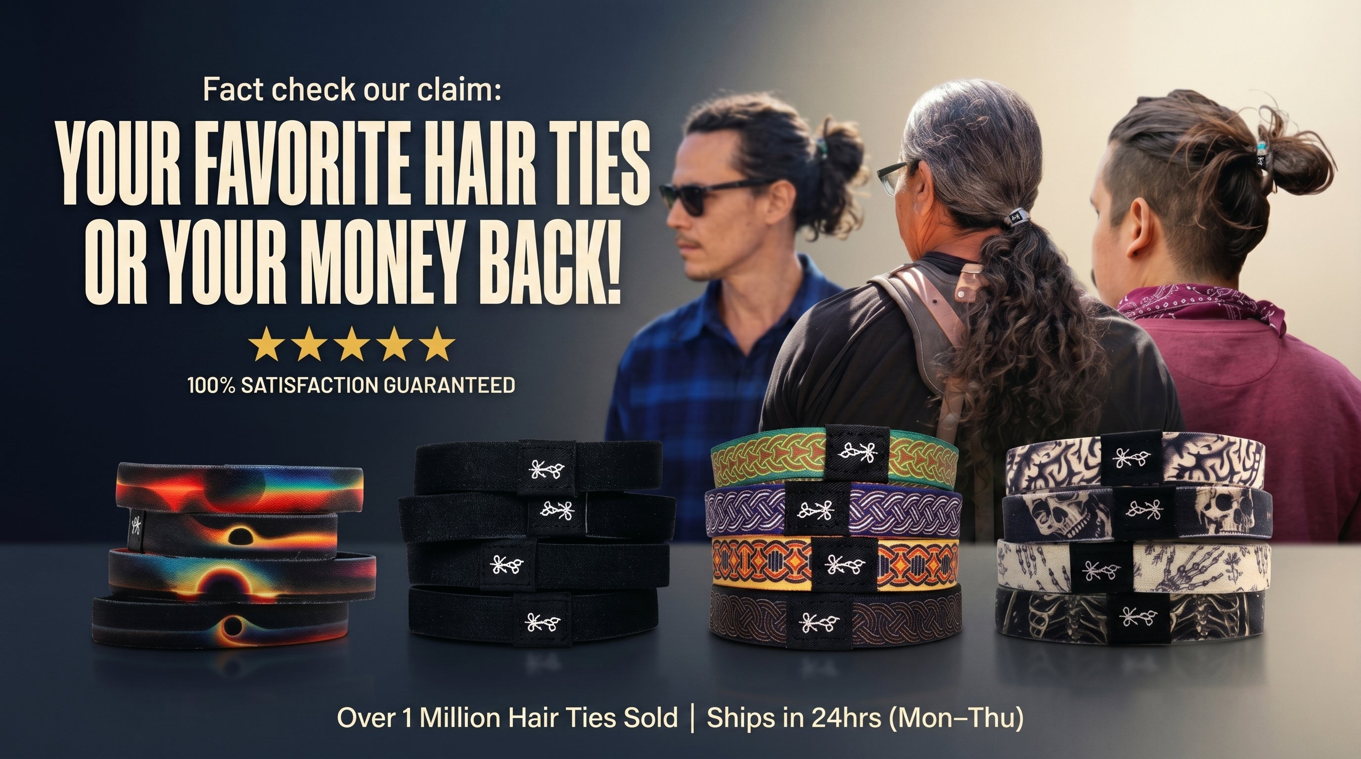 Hair ties displayed with people wearing them, promotional text about satisfaction guarantee and shipping time.